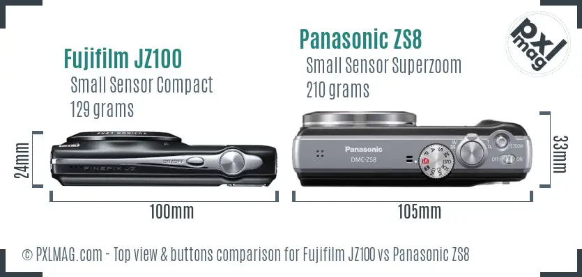 Fujifilm JZ100 vs Panasonic ZS8 top view buttons comparison