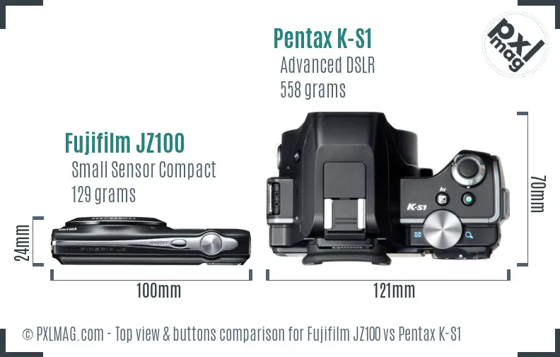 Fujifilm JZ100 vs Pentax K-S1 top view buttons comparison
