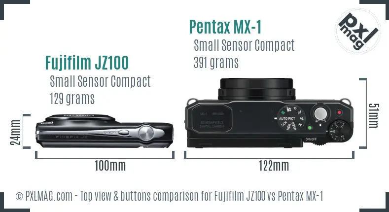 Fujifilm JZ100 vs Pentax MX-1 top view buttons comparison