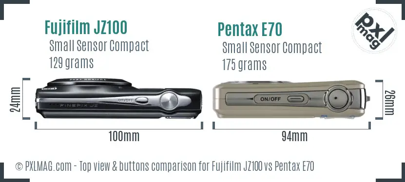 Fujifilm JZ100 vs Pentax E70 top view buttons comparison