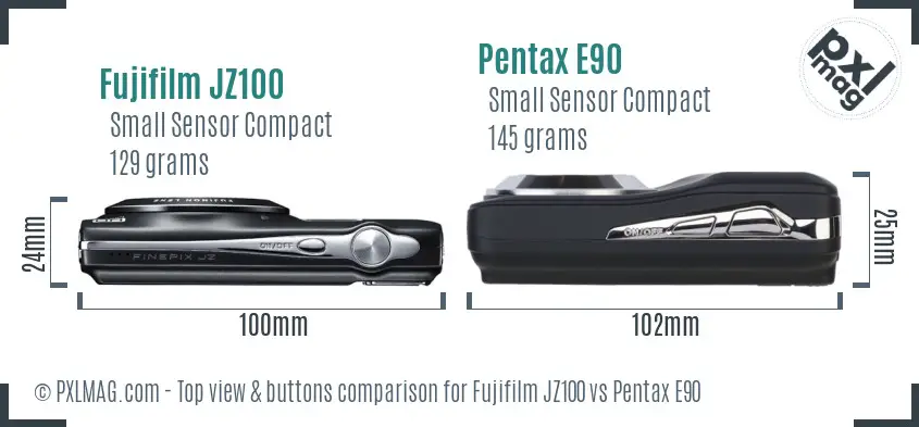 Fujifilm JZ100 vs Pentax E90 top view buttons comparison