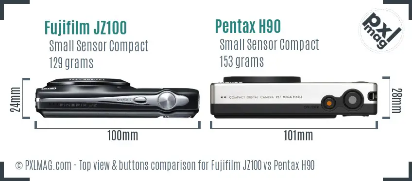 Fujifilm JZ100 vs Pentax H90 top view buttons comparison