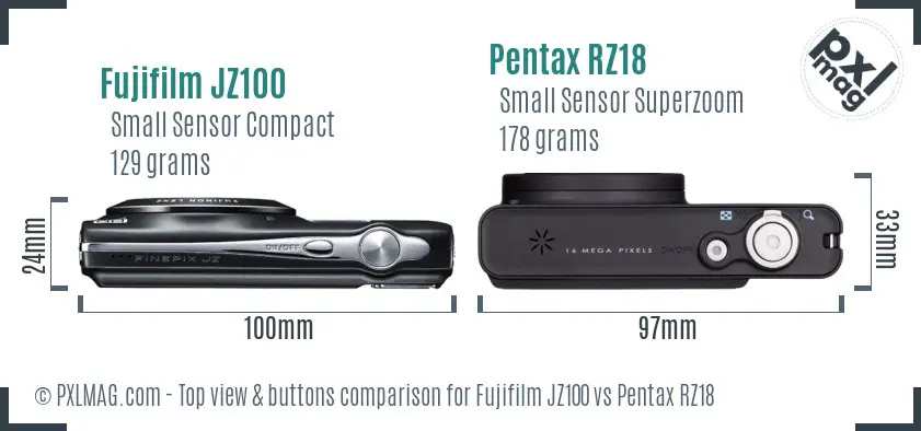 Fujifilm JZ100 vs Pentax RZ18 top view buttons comparison Fujifilm JZ100 vs Pentax RZ18 top view buttons comparison