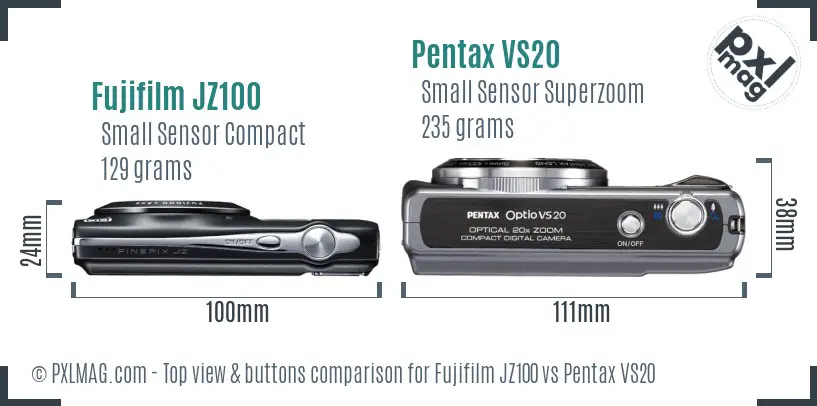 Fujifilm JZ100 vs Pentax VS20 top view buttons comparison Fujifilm JZ100 vs Pentax VS20 top view buttons comparison