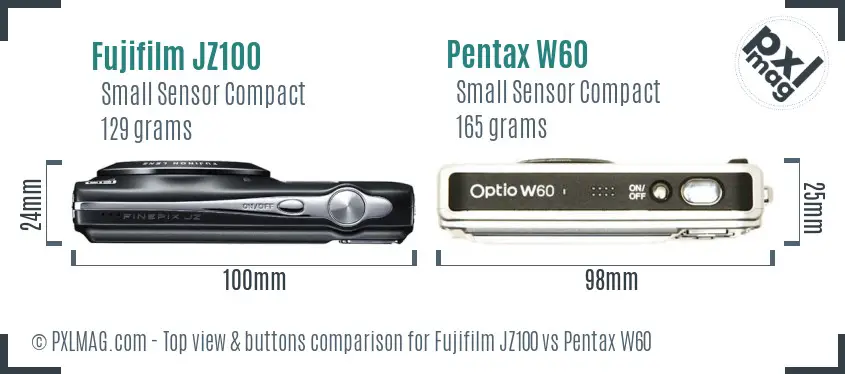 Fujifilm JZ100 vs Pentax W60 top view buttons comparison Fujifilm JZ100 vs Pentax W60 top view buttons comparison