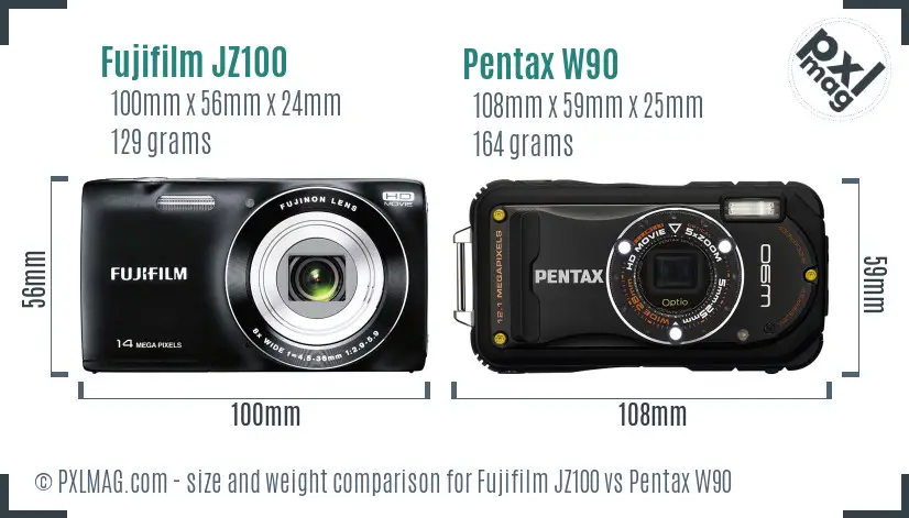 Fujifilm JZ100 vs Pentax W90 size comparison