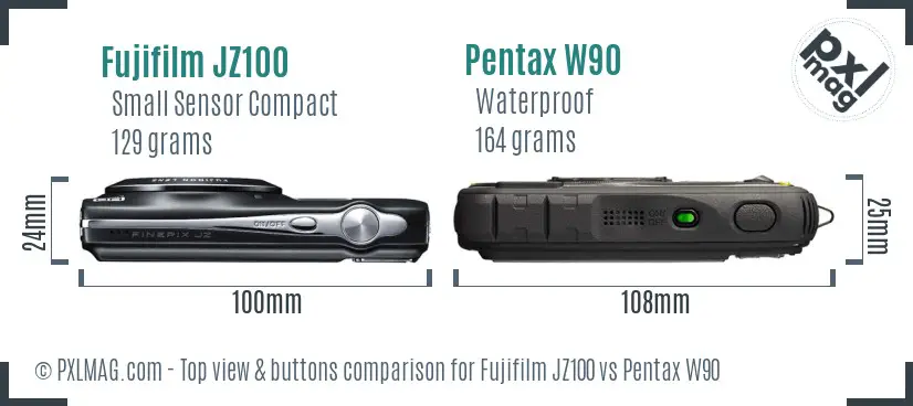 Fujifilm JZ100 vs Pentax W90 top view buttons comparison