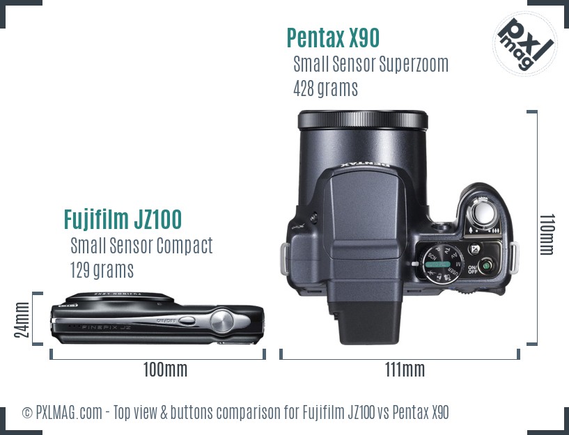Fujifilm JZ100 vs Pentax X90 top view buttons comparison