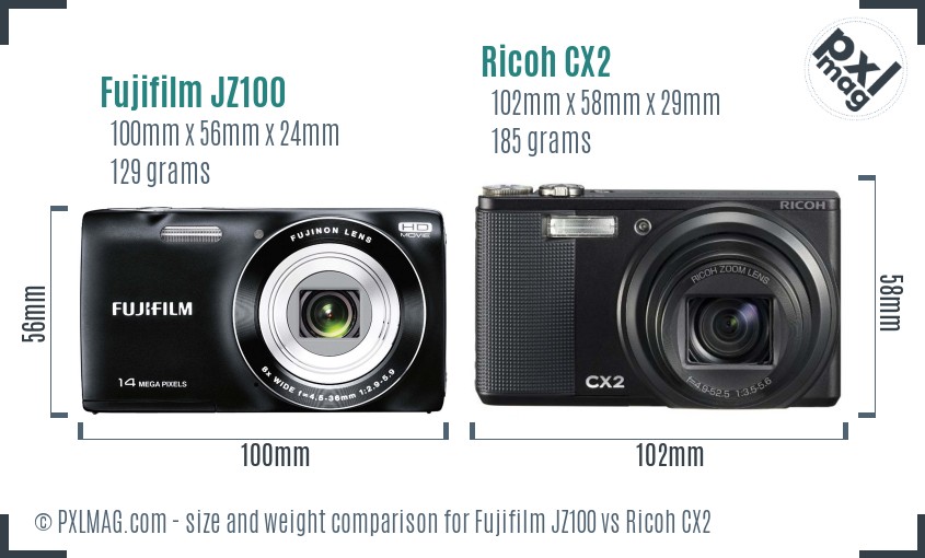 Fujifilm JZ100 vs Ricoh CX2 size comparison Fujifilm JZ100 vs Ricoh CX2 size comparison