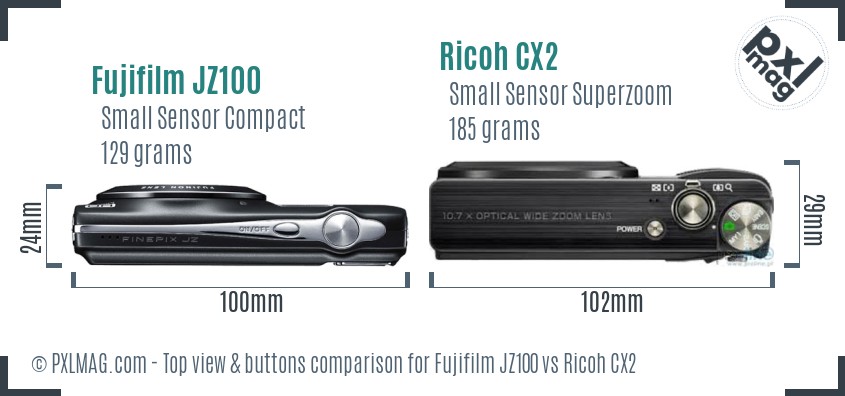 Fujifilm JZ100 vs Ricoh CX2 top view buttons comparison