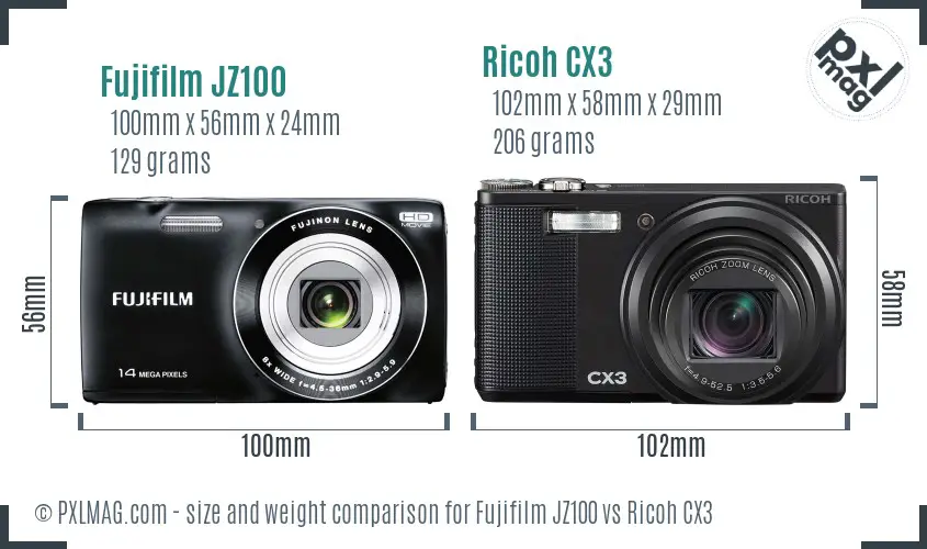 Fujifilm JZ100 vs Ricoh CX3 size comparison