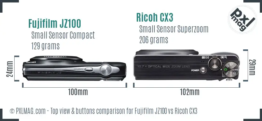 Fujifilm JZ100 vs Ricoh CX3 top view buttons comparison