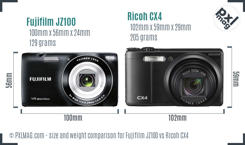 Fujifilm JZ100 vs Ricoh CX4 size comparison