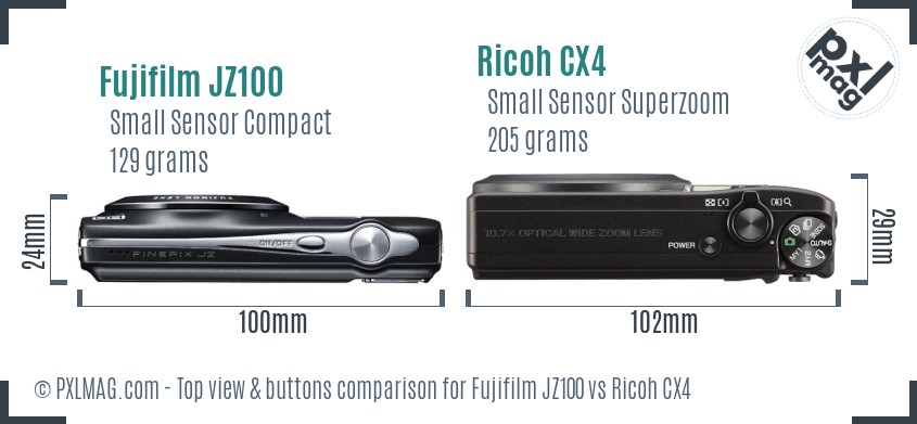Fujifilm JZ100 vs Ricoh CX4 top view buttons comparison