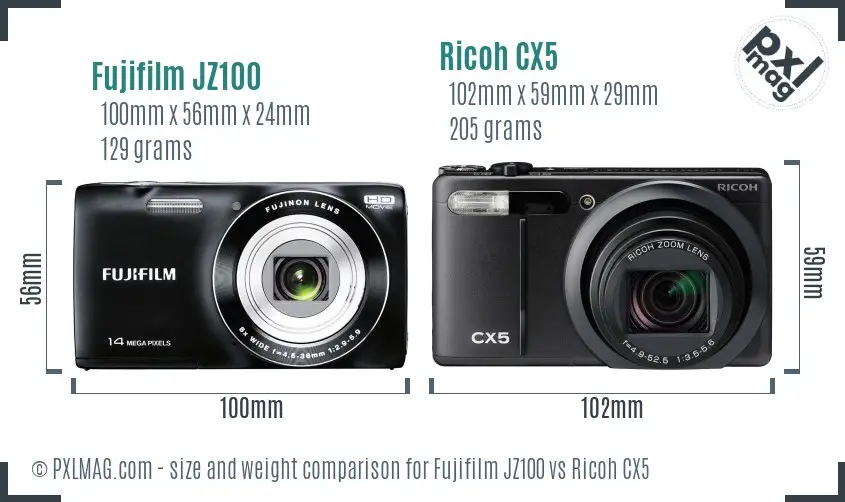 Fujifilm JZ100 vs Ricoh CX5 size comparison