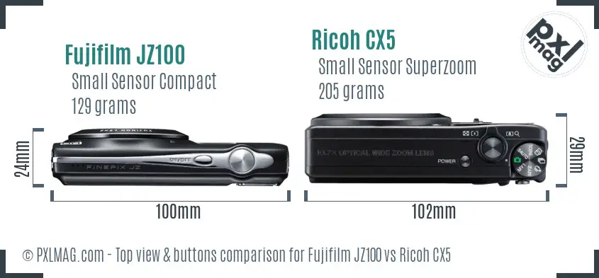 Fujifilm JZ100 vs Ricoh CX5 top view buttons comparison