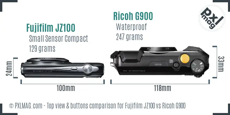 Fujifilm JZ100 vs Ricoh G900 top view buttons comparison