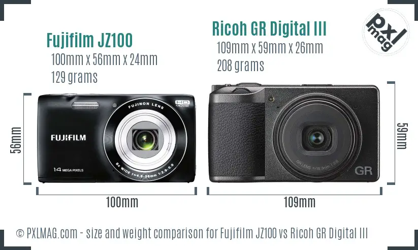 Fujifilm JZ100 vs Ricoh GR Digital III size comparison