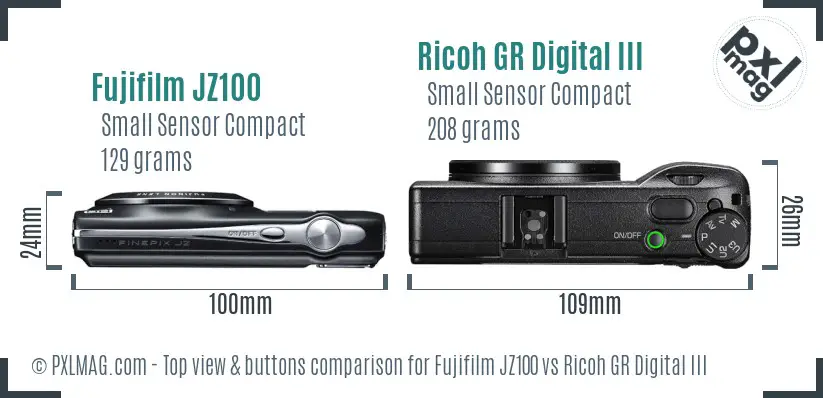 Fujifilm JZ100 vs Ricoh GR Digital III top view buttons comparison