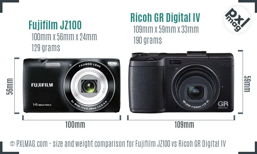 Fujifilm JZ100 vs Ricoh GR Digital IV size comparison