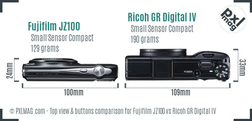 Fujifilm JZ100 vs Ricoh GR Digital IV top view buttons comparison