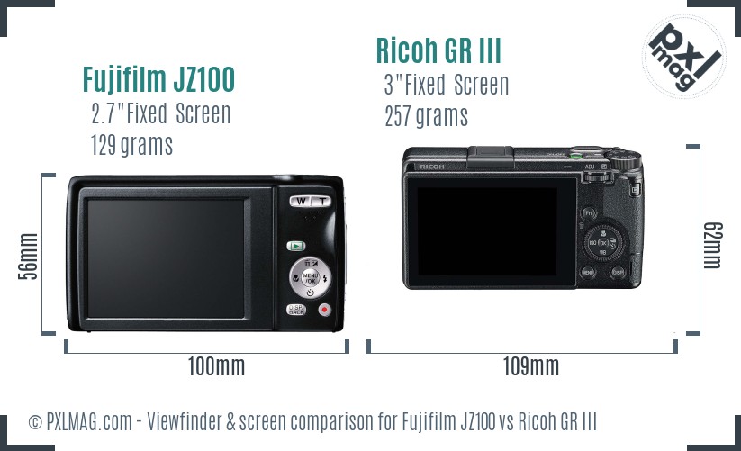 Fujifilm JZ100 vs Ricoh GR III Screen and Viewfinder comparison