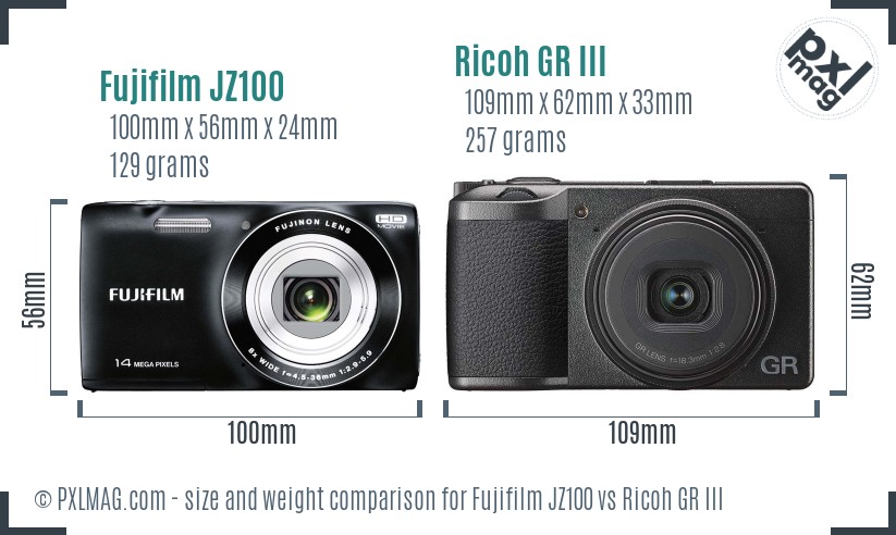 Fujifilm JZ100 vs Ricoh GR III size comparison