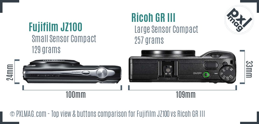 Fujifilm JZ100 vs Ricoh GR III top view buttons comparison