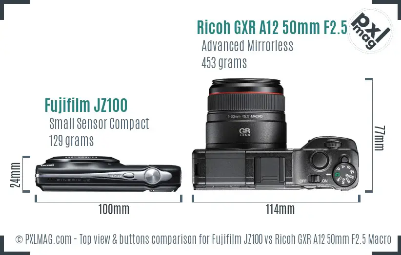 Fujifilm JZ100 vs Ricoh GXR A12 50mm F2.5 Macro top view buttons comparison