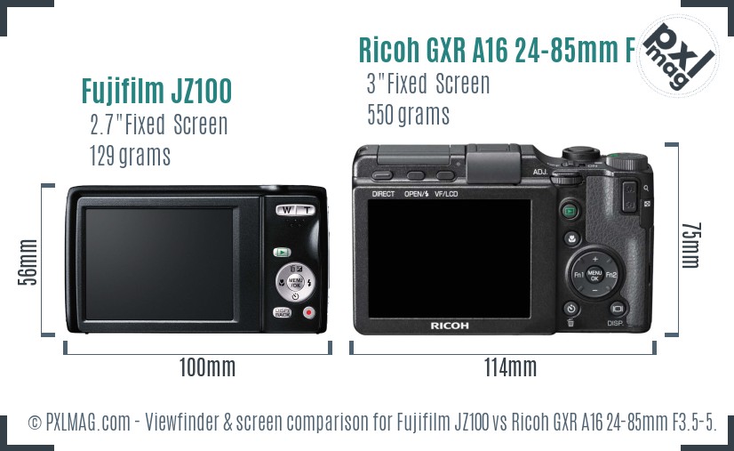 Fujifilm JZ100 vs Ricoh GXR A16 24-85mm F3.5-5.5 Screen and Viewfinder comparison