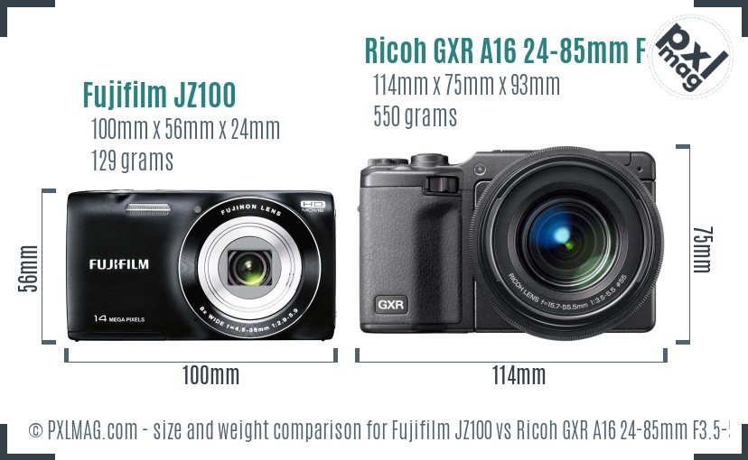 Fujifilm JZ100 vs Ricoh GXR A16 24-85mm F3.5-5.5 size comparison