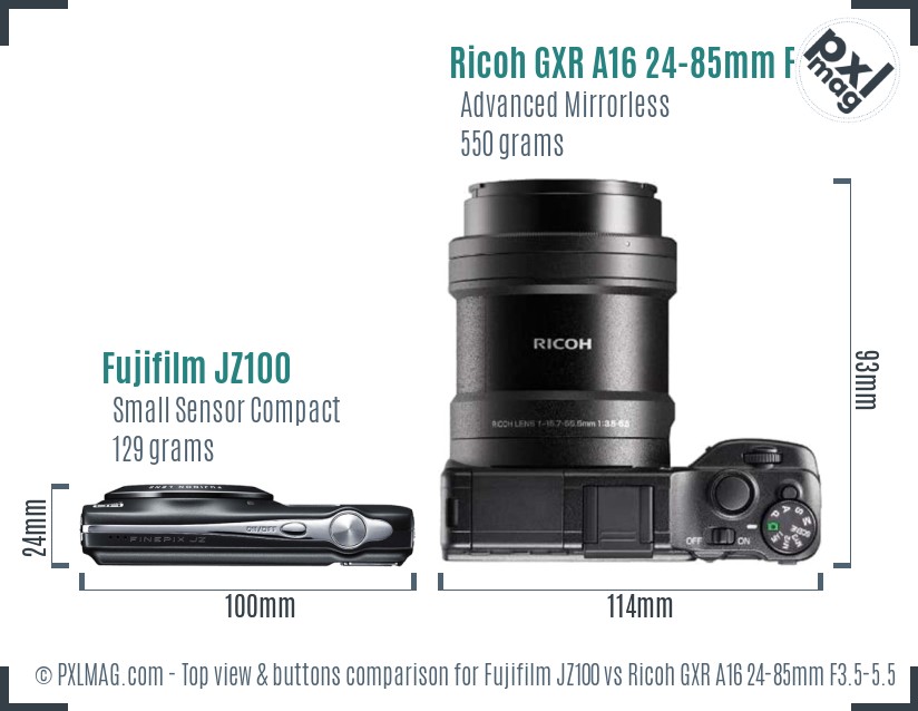 Fujifilm JZ100 vs Ricoh GXR A16 24-85mm F3.5-5.5 top view buttons comparison
