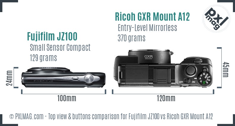 Fujifilm JZ100 vs Ricoh GXR Mount A12 top view buttons comparison