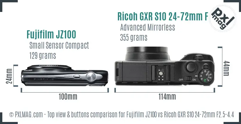 Fujifilm JZ100 vs Ricoh GXR S10 24-72mm F2.5-4.4 VC top view buttons comparison Fujifilm JZ100 vs Ricoh GXR S10 24-72mm F2.5-4.4 VC top view buttons comparison