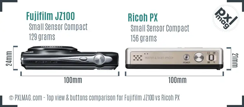 Fujifilm JZ100 vs Ricoh PX top view buttons comparison Fujifilm JZ100 vs Ricoh PX top view buttons comparison