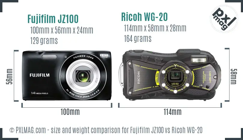 Fujifilm JZ100 vs Ricoh WG-20 size comparison