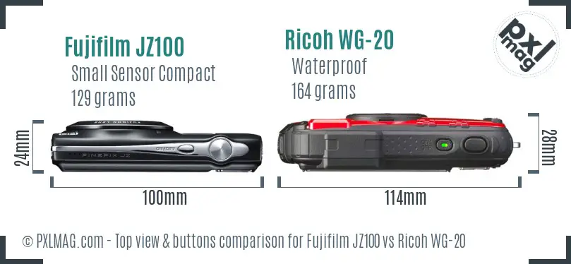 Fujifilm JZ100 vs Ricoh WG-20 top view buttons comparison