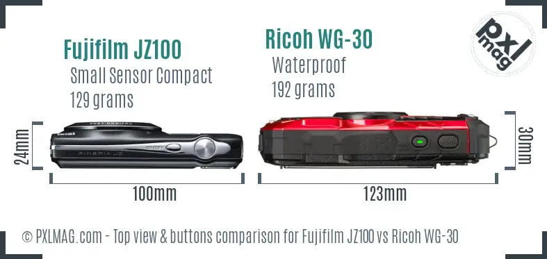 Fujifilm JZ100 vs Ricoh WG-30 top view buttons comparison Fujifilm JZ100 vs Ricoh WG-30 top view buttons comparison