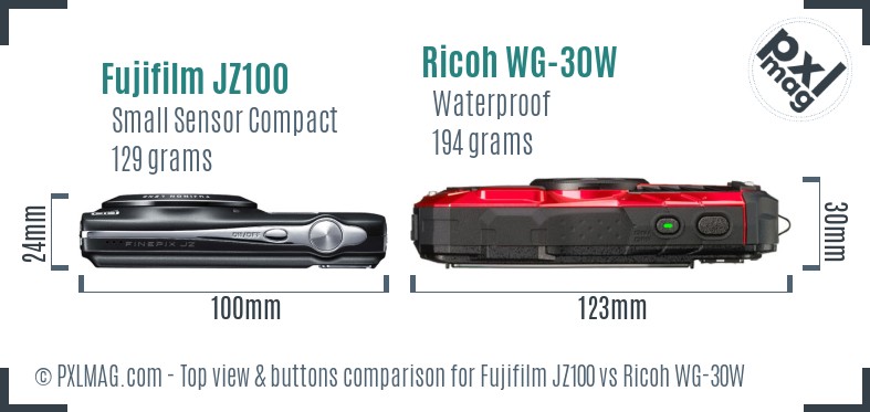 Fujifilm JZ100 vs Ricoh WG-30W top view buttons comparison