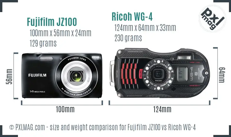 Fujifilm JZ100 vs Ricoh WG-4 size comparison