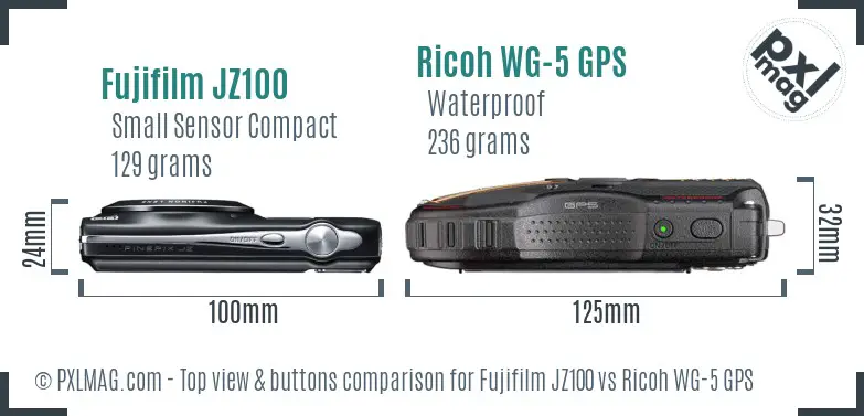 Fujifilm JZ100 vs Ricoh WG-5 GPS top view buttons comparison