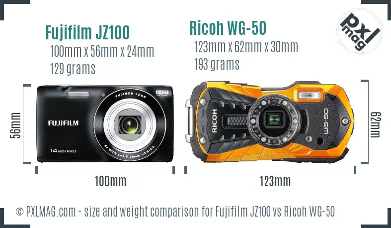 Fujifilm JZ100 vs Ricoh WG-50 size comparison