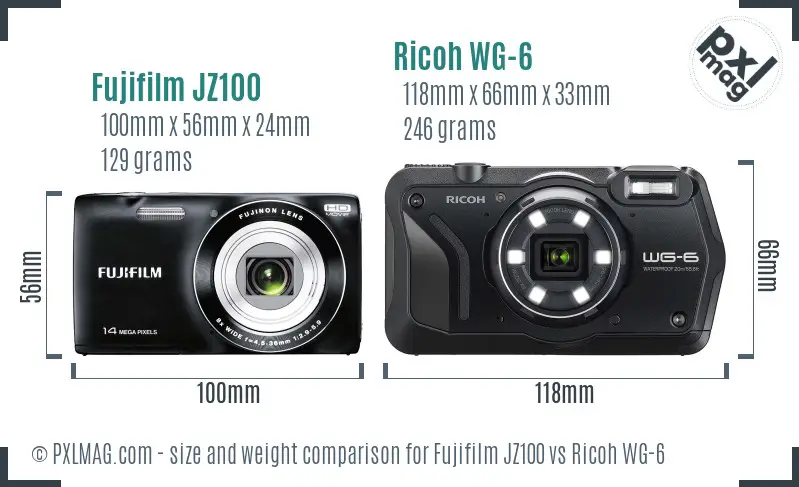 Fujifilm JZ100 vs Ricoh WG-6 size comparison