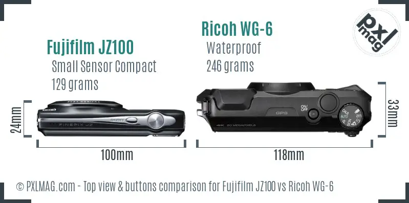 Fujifilm JZ100 vs Ricoh WG-6 top view buttons comparison