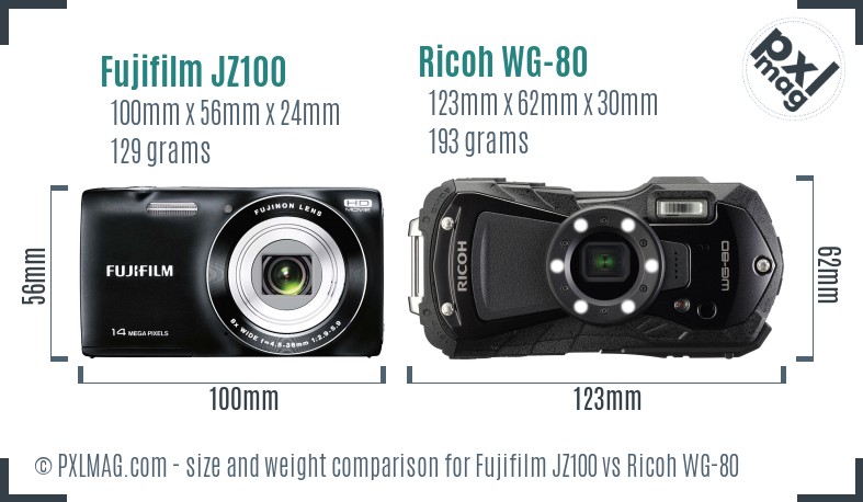 Fujifilm JZ100 vs Ricoh WG-80 size comparison
