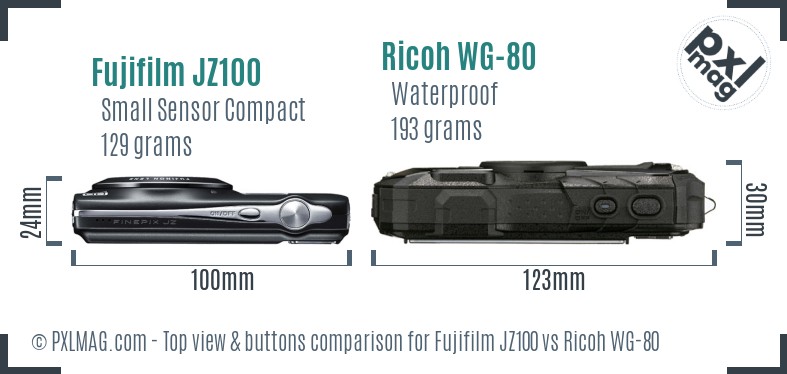 Fujifilm JZ100 vs Ricoh WG-80 top view buttons comparison