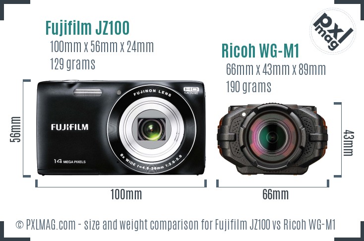 Fujifilm JZ100 vs Ricoh WG-M1 size comparison