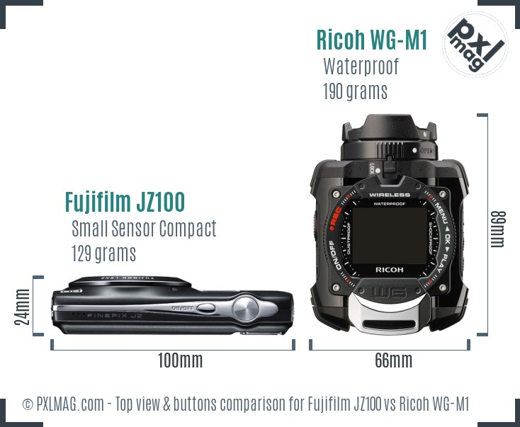 Fujifilm JZ100 vs Ricoh WG-M1 top view buttons comparison