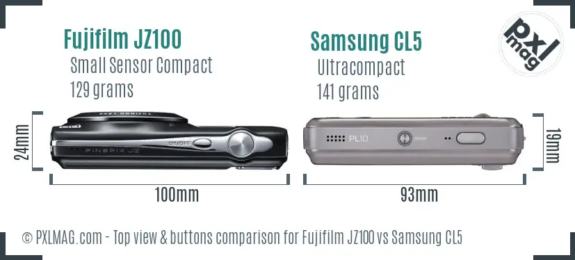 Fujifilm JZ100 vs Samsung CL5 top view buttons comparison Fujifilm JZ100 vs Samsung CL5 top view buttons comparison