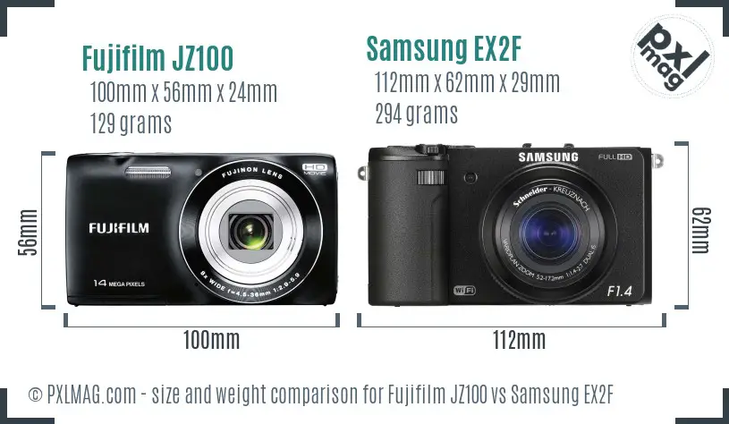 Fujifilm JZ100 vs Samsung EX2F size comparison